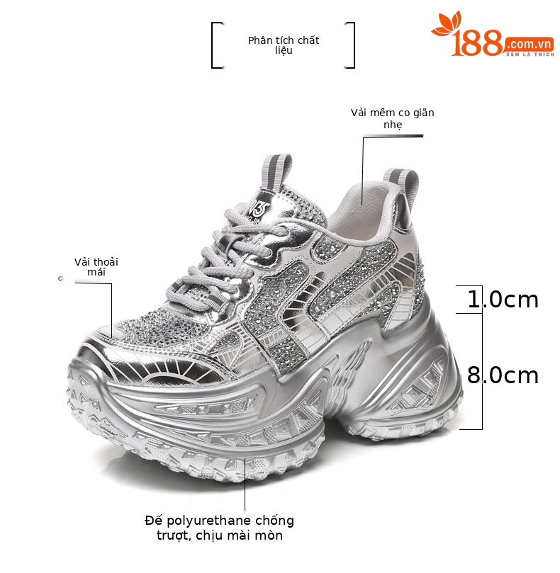 Giày sneaker nữ đế dày lưới thoáng khí đính đá rhinestone — Màu trắng chi tiết 3
