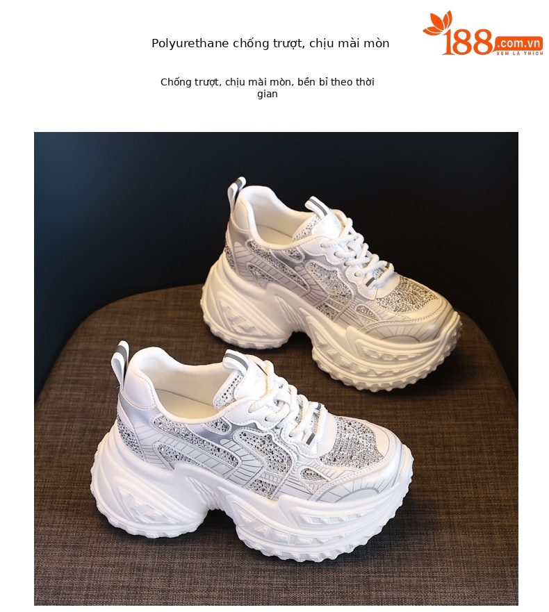 Giày sneaker nữ đế dày lưới thoáng khí đính đá rhinestone — Màu trắng chi tiết 10