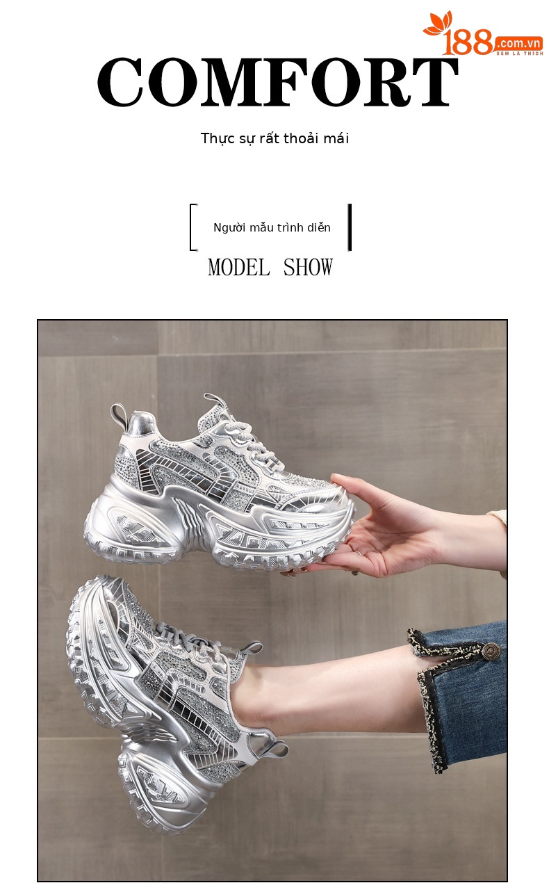 Giày sneaker nữ đế dày lưới thoáng khí đính đá rhinestone — Màu trắng chi tiết 11