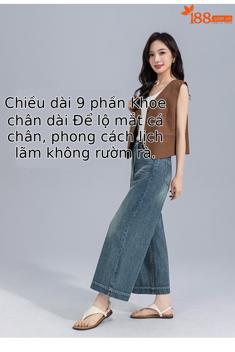 Quần jean ống rộng cạp cao nữ dáng suông ống đứng — Màu xanh lam chi tiết 9