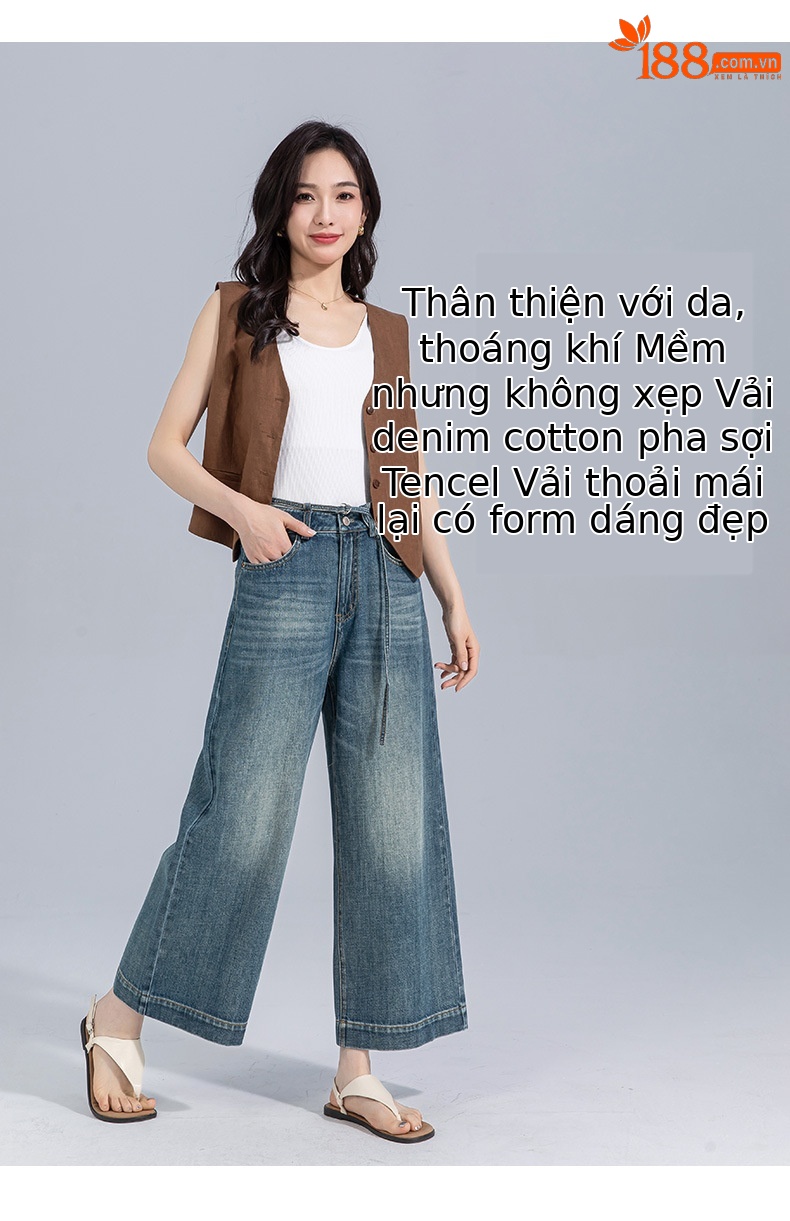 Quần jean ống rộng cạp cao nữ dáng suông ống đứng — Màu xanh lam chi tiết 10