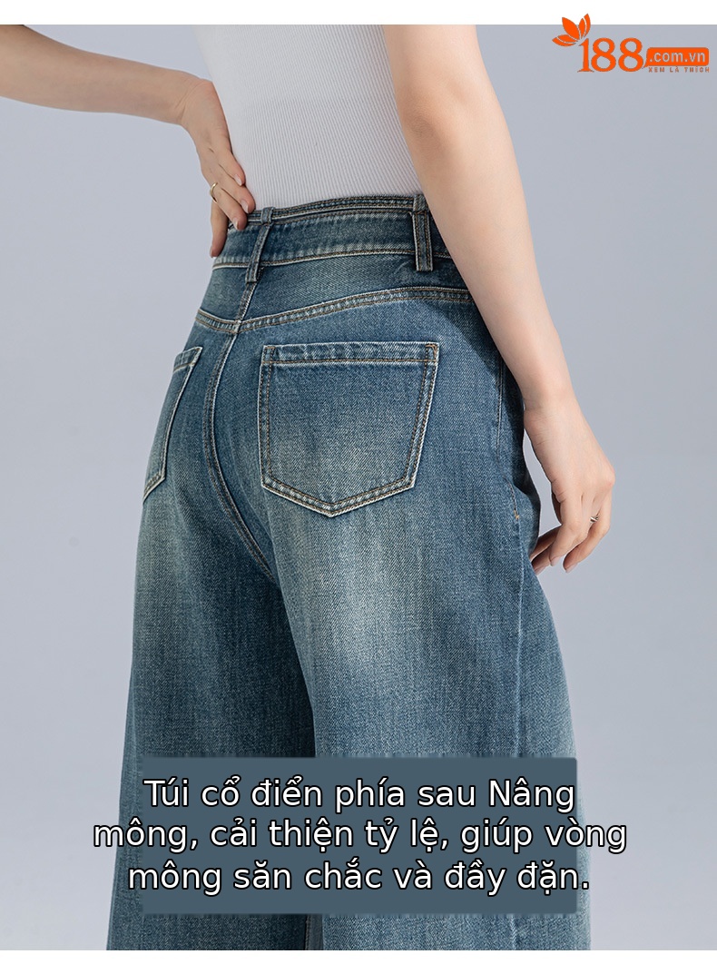 Quần jean ống rộng cạp cao nữ dáng suông ống đứng — Màu xanh lam chi tiết 13