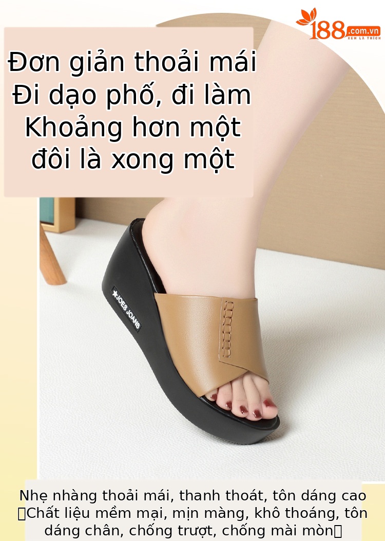 Dép lê mule nữ da thật đế xuồng dày mùa hè — màu be chi tiết 1
