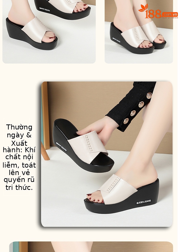 Dép lê mule nữ da thật đế xuồng dày mùa hè — màu be chi tiết 9