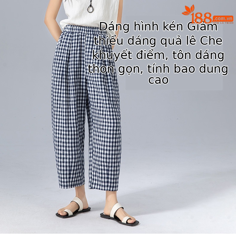 Quần culottes nữ ống rộng cạp cao kẻ sọc linen phong cách Hàn Quốc mùa hè — Caro xanh lam chi tiết 9