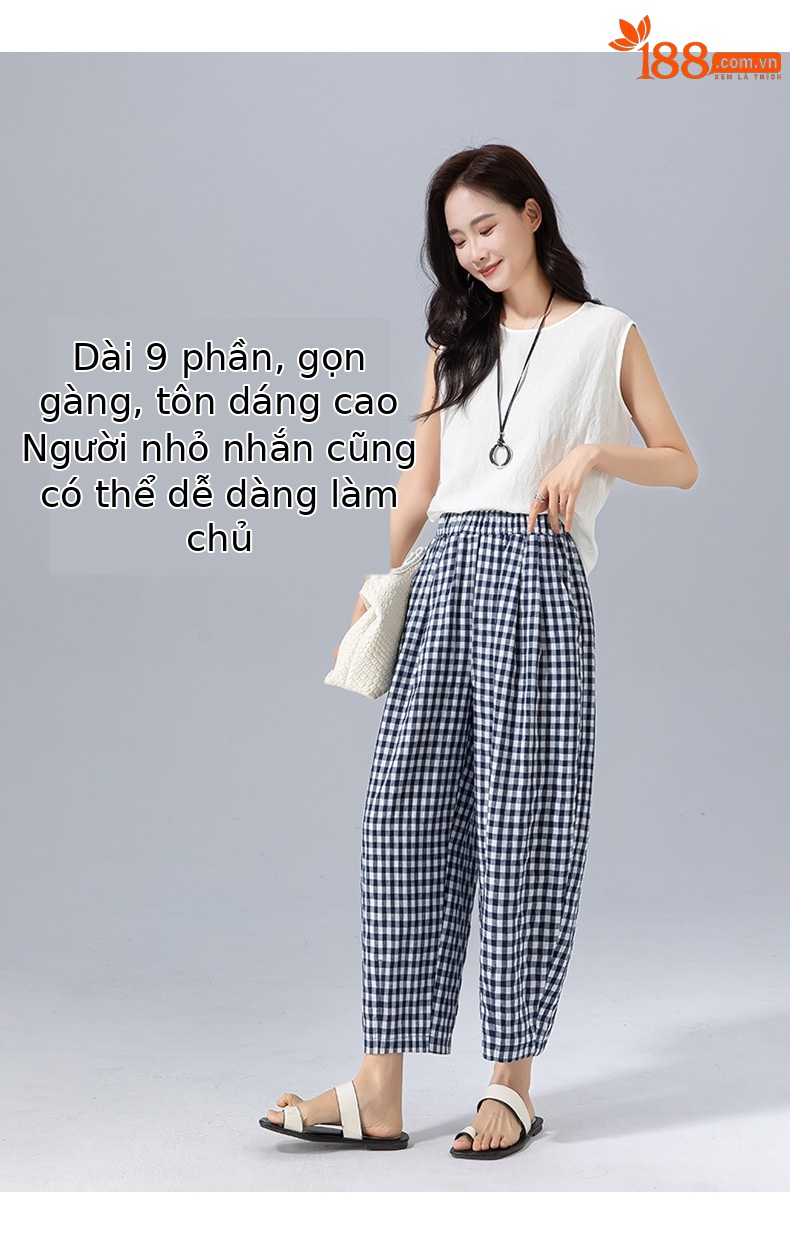 Quần culottes nữ ống rộng cạp cao kẻ sọc linen phong cách Hàn Quốc mùa hè — Caro xanh lam chi tiết 10