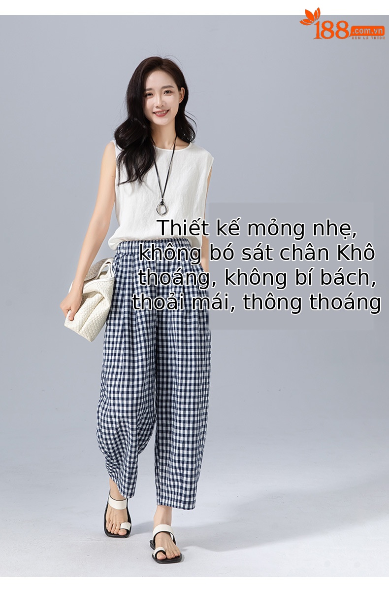 Quần culottes nữ ống rộng cạp cao kẻ sọc linen phong cách Hàn Quốc mùa hè — Caro xanh lam chi tiết 11