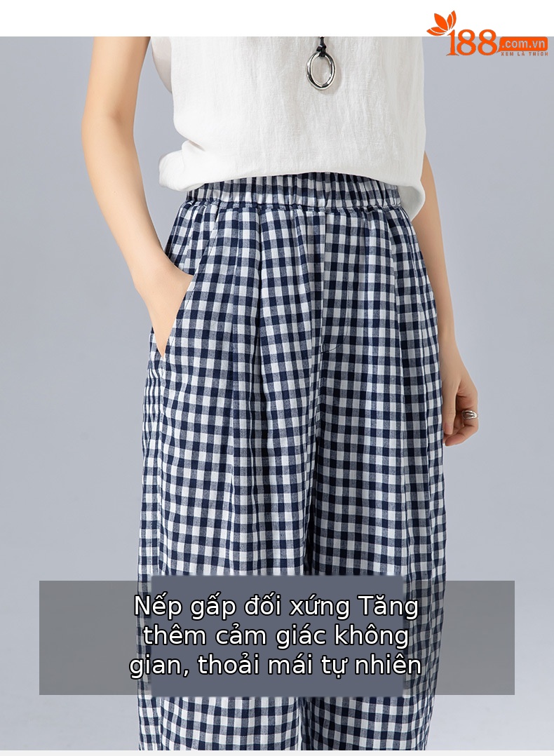 Quần culottes nữ ống rộng cạp cao kẻ sọc linen phong cách Hàn Quốc mùa hè — Caro xanh lam chi tiết 12