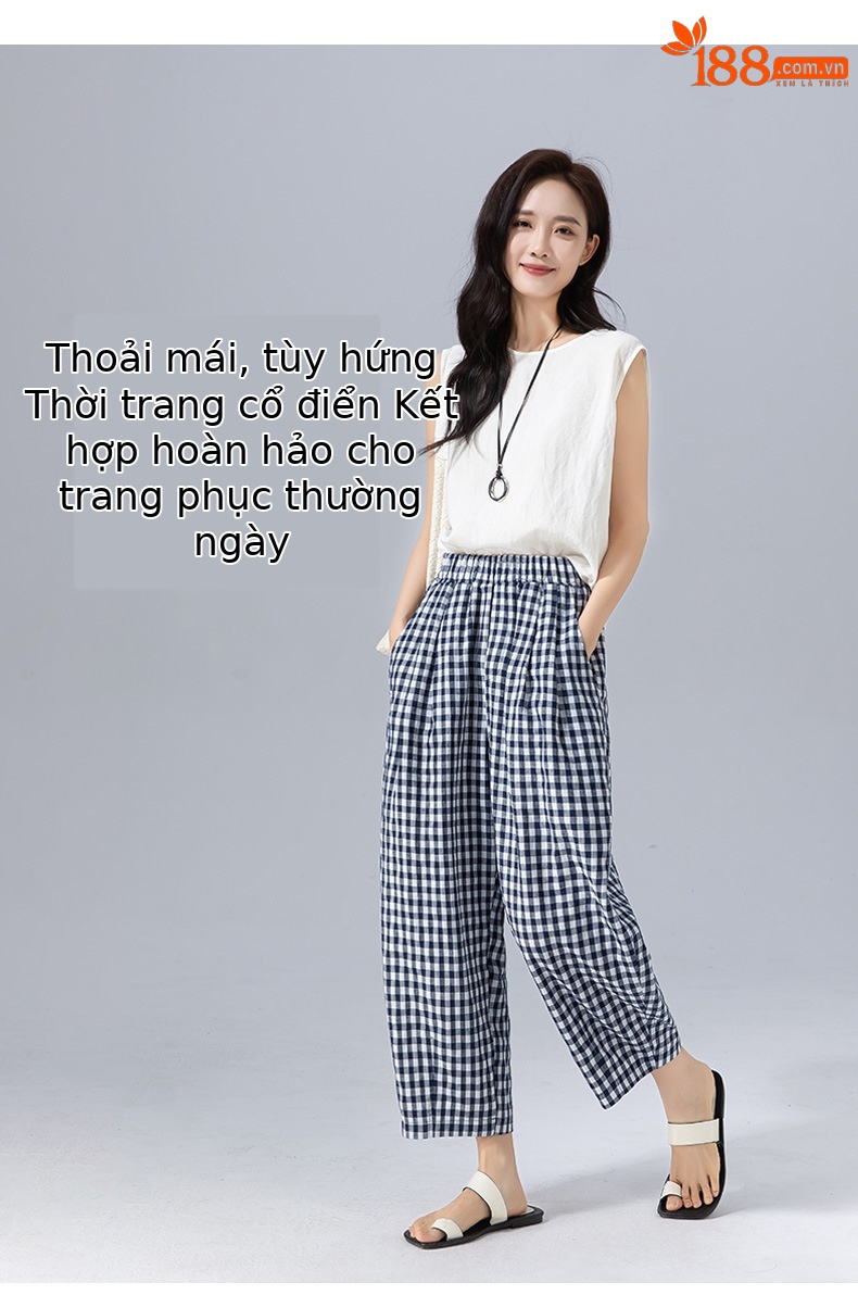 Quần culottes nữ ống rộng cạp cao kẻ sọc linen phong cách Hàn Quốc mùa hè — Caro xanh lam chi tiết 14