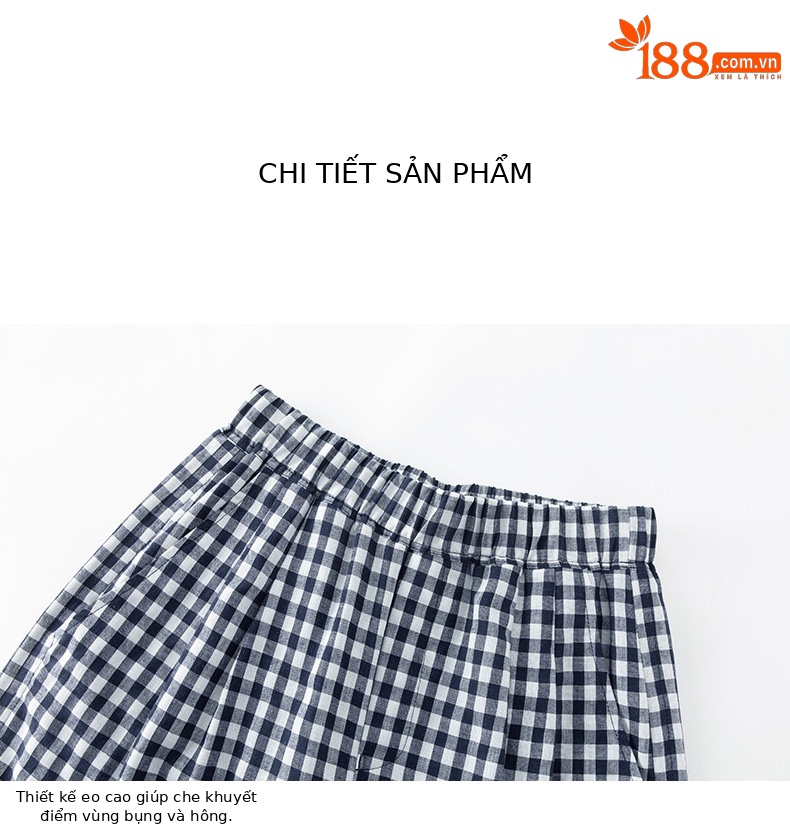 Quần culottes nữ ống rộng cạp cao kẻ sọc linen phong cách Hàn Quốc mùa hè — Caro xanh lam chi tiết 15