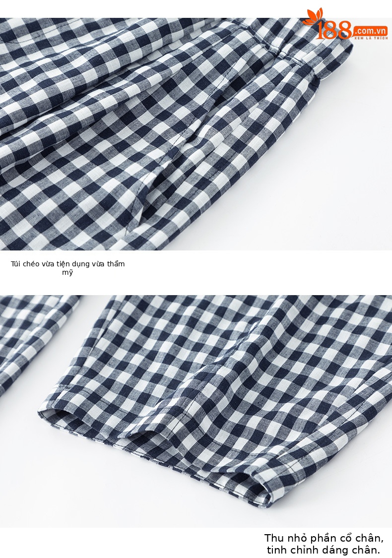 Quần culottes nữ ống rộng cạp cao kẻ sọc linen phong cách Hàn Quốc mùa hè — Caro xanh lam chi tiết 16