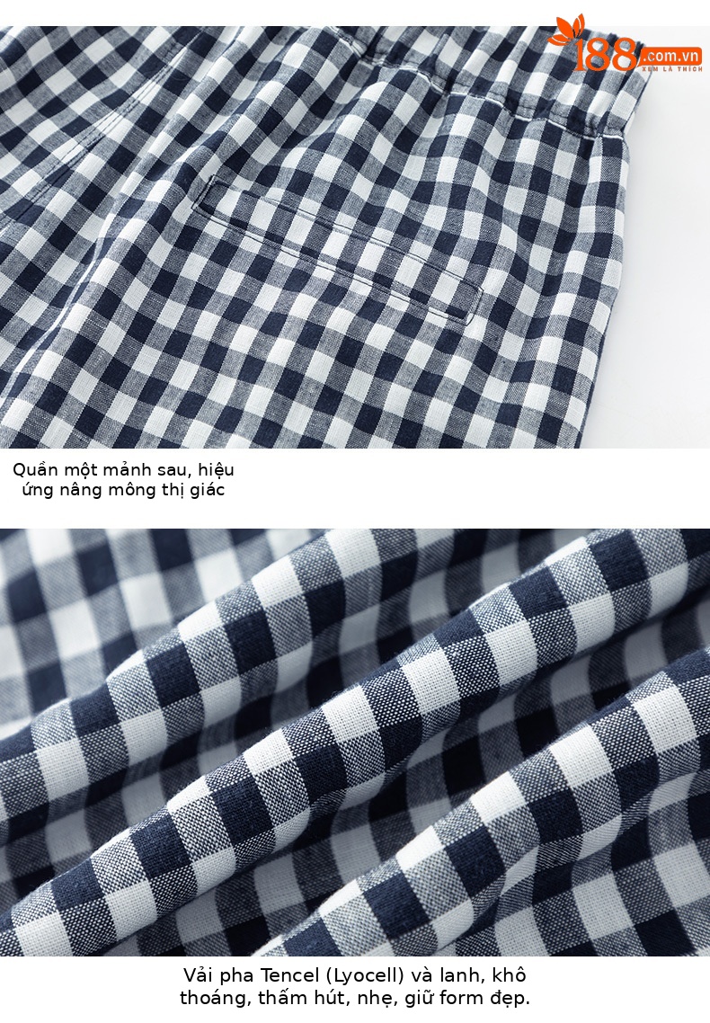 Quần culottes nữ ống rộng cạp cao kẻ sọc linen phong cách Hàn Quốc mùa hè — Caro xanh lam chi tiết 17
