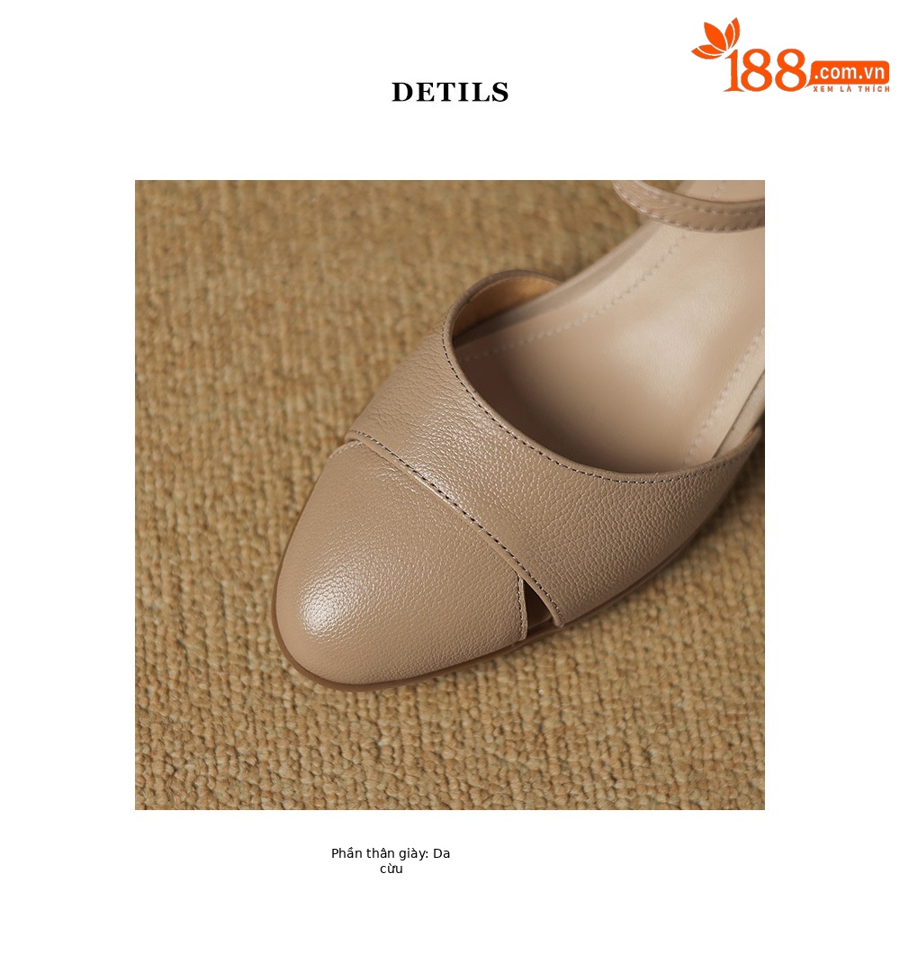 Sandal nữ da dê quai ngang khóa một dây, gót vừa 4,5 cm, mũi kín hở gót — Màu trắng nhạt chi tiết 17