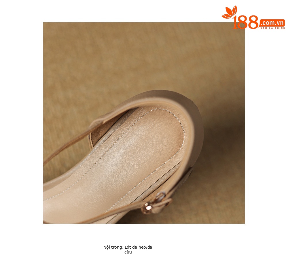 Sandal nữ da dê quai ngang khóa một dây, gót vừa 4,5 cm, mũi kín hở gót — Màu trắng nhạt chi tiết 18