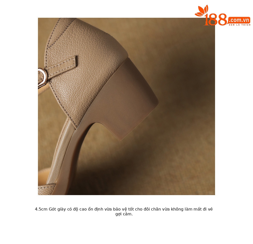 Sandal nữ da dê quai ngang khóa một dây, gót vừa 4,5 cm, mũi kín hở gót — Màu trắng nhạt chi tiết 19