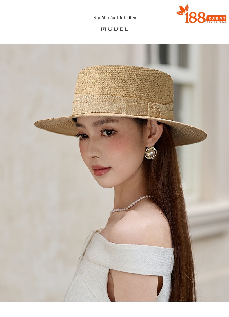 Mũ rơm nữ vành rộng che nắng phong cách phẳng đỉnh — Màu be chi tiết 3