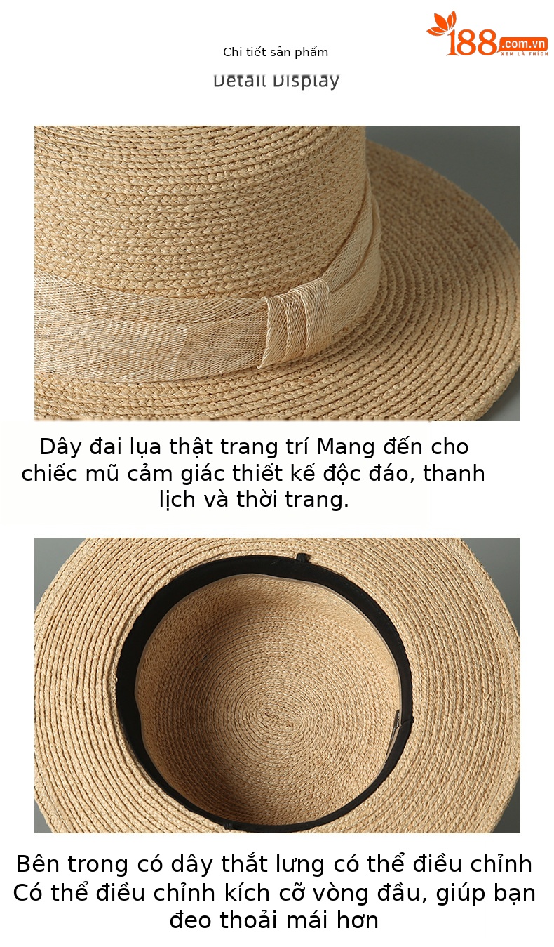 Mũ rơm nữ vành rộng che nắng phong cách phẳng đỉnh — Màu be chi tiết 2