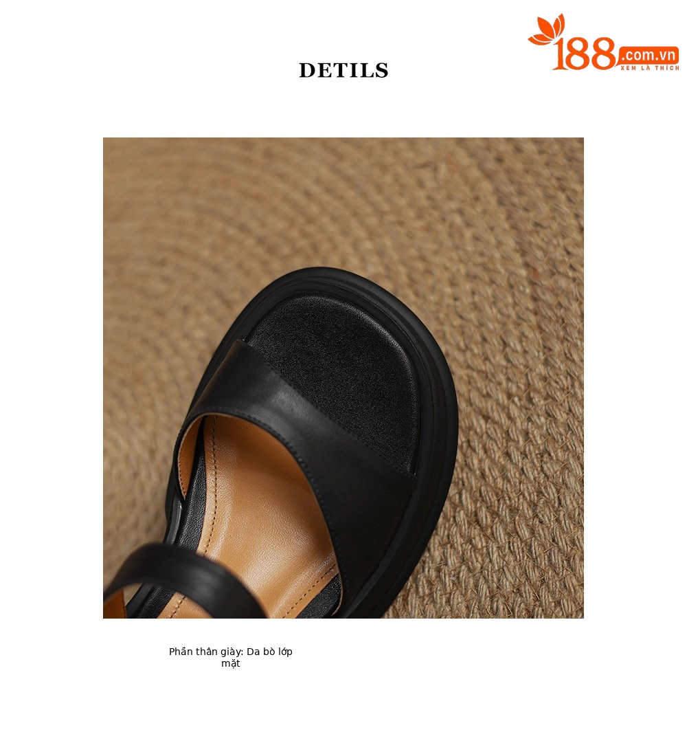 Dép sandal nữ quai ngang đế xốp da bò hở mũi gót thô cao — Màu đen chi tiết 18