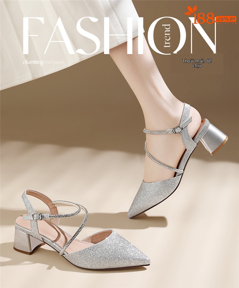 Sandal nữ gót trung bình mũi kín quai ngang khóa cài kiểu bướm — 7159 màu bạc, 7159 màu sâm panh chi tiết 1
