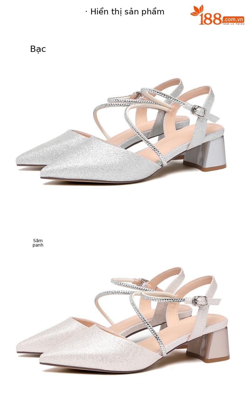 Sandal nữ gót trung bình mũi kín quai ngang khóa cài kiểu bướm — 7159 màu bạc, 7159 màu sâm panh chi tiết 18