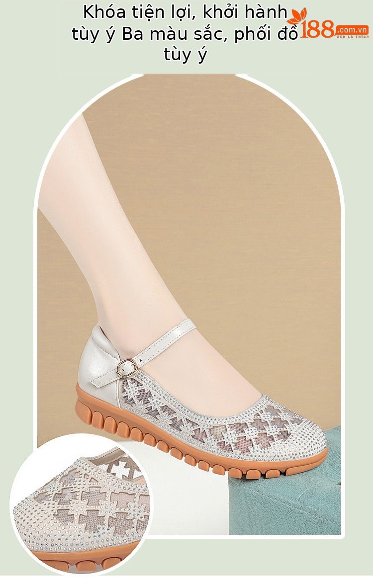Sandal bít mũi nữ vải lưới da thật đế mềm thoáng khí — Màu be chi tiết 3