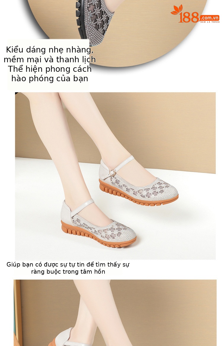 Sandal bít mũi nữ vải lưới da thật đế mềm thoáng khí — Màu be chi tiết 12
