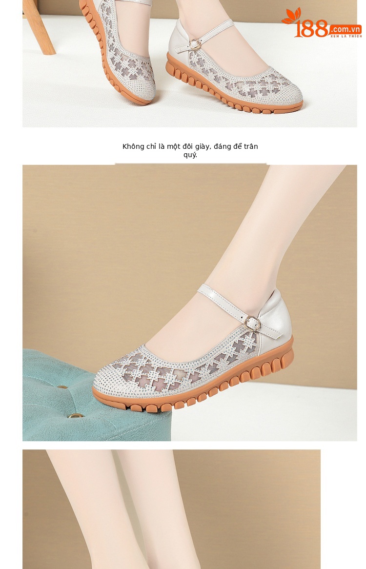 Sandal bít mũi nữ vải lưới da thật đế mềm thoáng khí — Màu be chi tiết 13