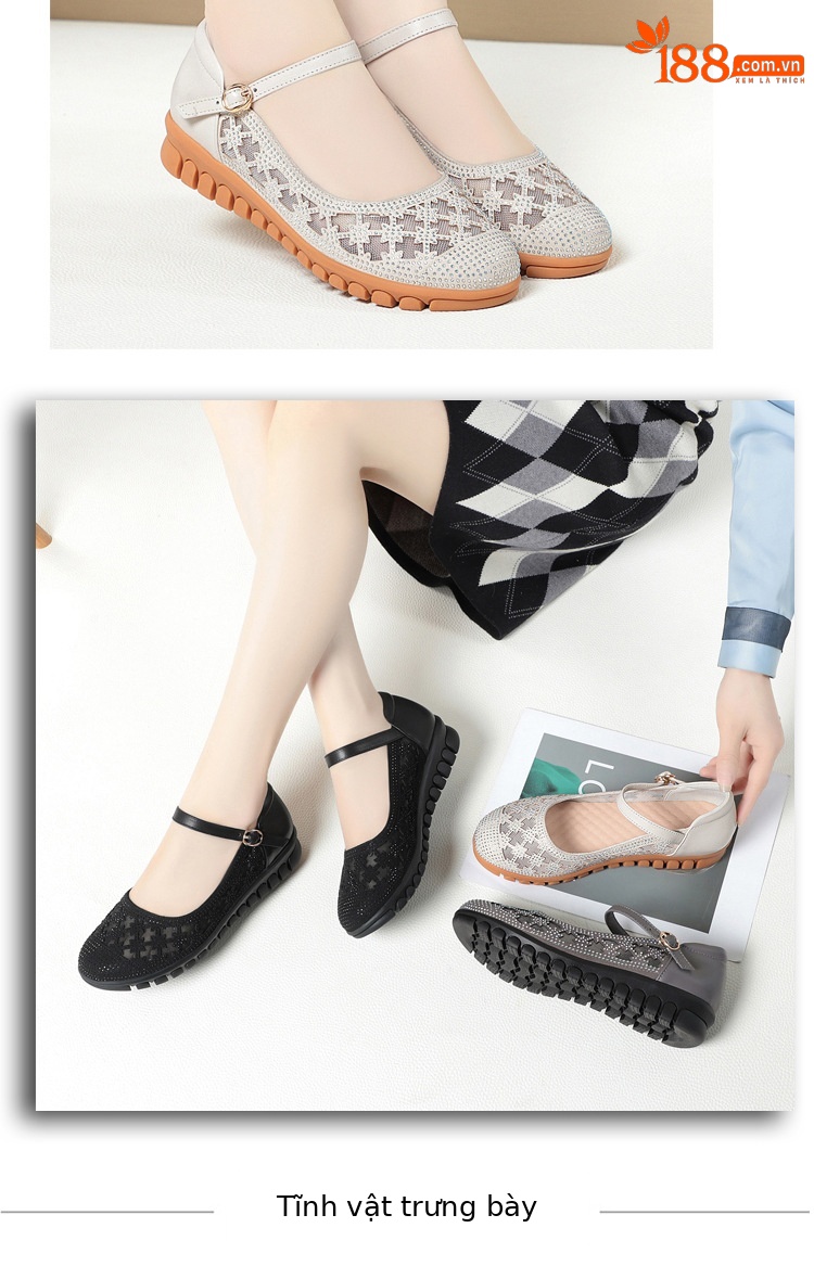 Sandal bít mũi nữ vải lưới da thật đế mềm thoáng khí — Màu be chi tiết 14