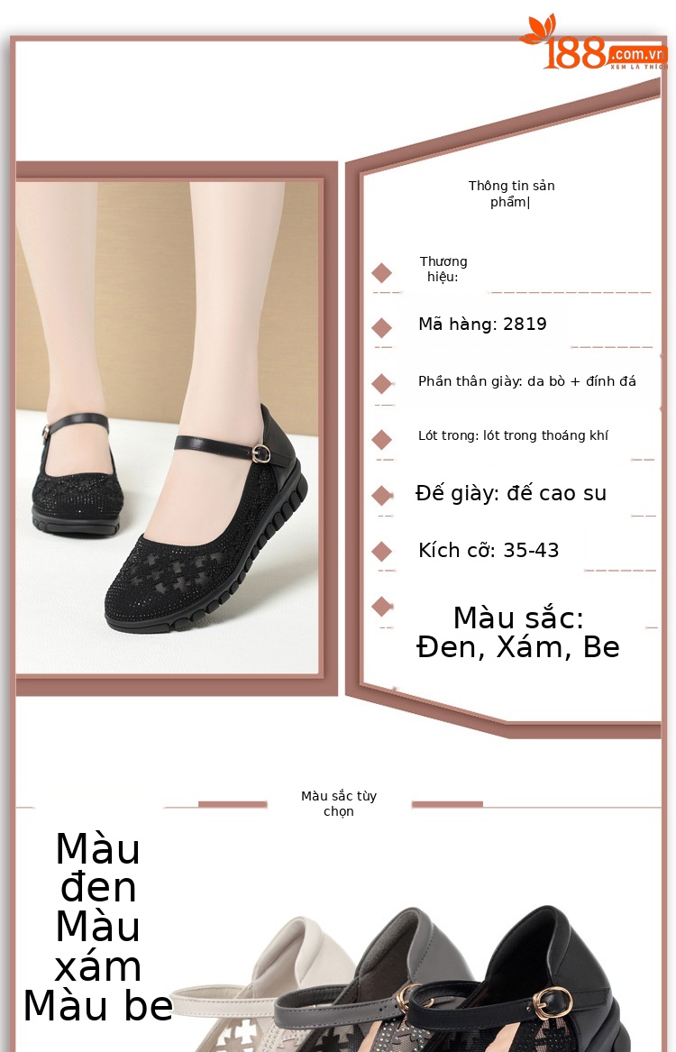 Sandal bít mũi nữ vải lưới da thật đế mềm thoáng khí — Màu be chi tiết 4