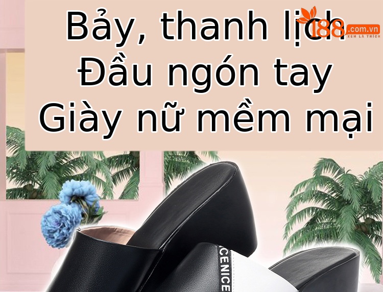 Dép lê da thật nữ quai chữ V đế xuồng phối màu mùa hè — Màu đen chi tiết 1
