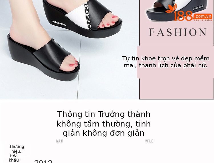 Dép lê da thật nữ quai chữ V đế xuồng phối màu mùa hè — Màu đen chi tiết 4