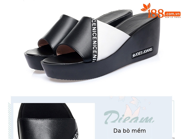 Dép lê da thật nữ quai chữ V đế xuồng phối màu mùa hè — Màu đen chi tiết 5