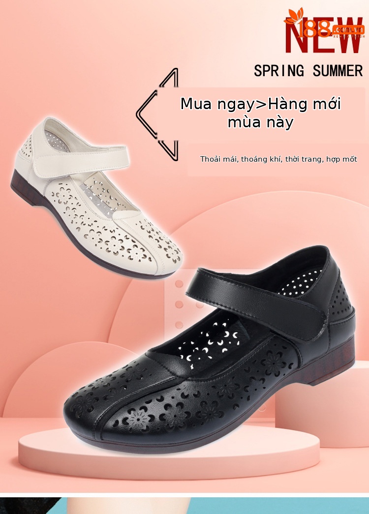 Sandal da thật mùa hè cho nữ trung niên đế mềm chống trượt — Màu đen chi tiết 1