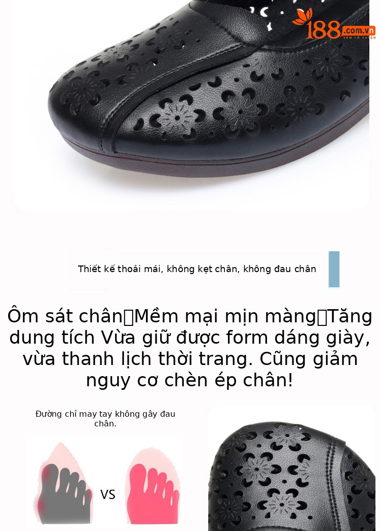 Sandal da thật mùa hè cho nữ trung niên đế mềm chống trượt — Màu đen chi tiết 3