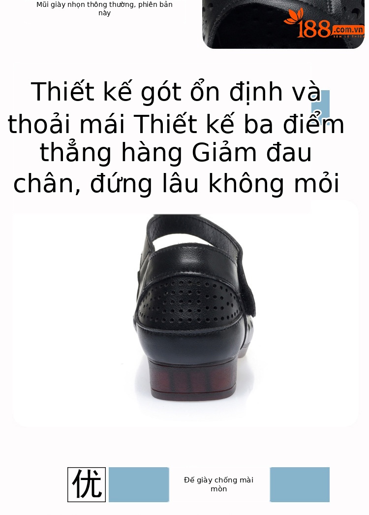 Sandal da thật mùa hè cho nữ trung niên đế mềm chống trượt — Màu đen chi tiết 4