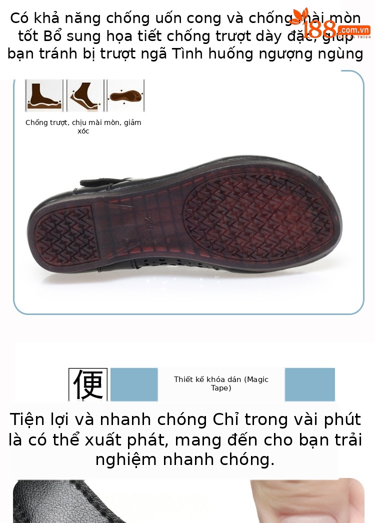 Sandal da thật mùa hè cho nữ trung niên đế mềm chống trượt — Màu đen chi tiết 5