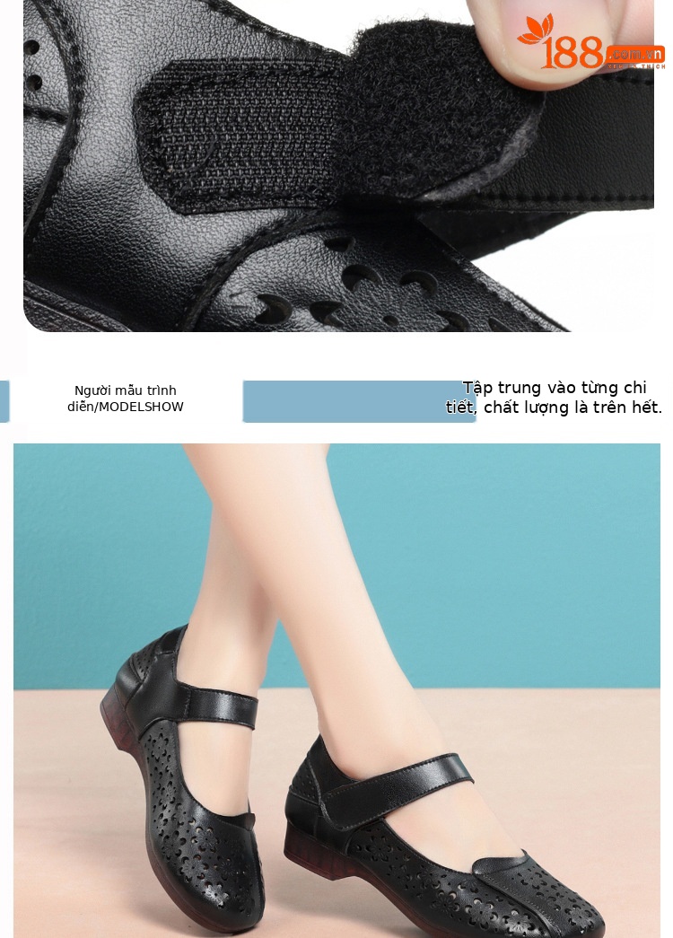 Sandal da thật mùa hè cho nữ trung niên đế mềm chống trượt — Màu đen chi tiết 6