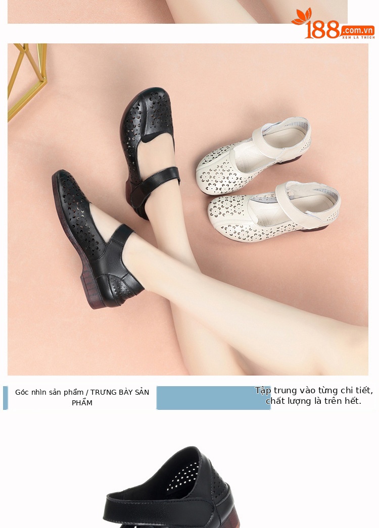 Sandal da thật mùa hè cho nữ trung niên đế mềm chống trượt — Màu đen chi tiết 13