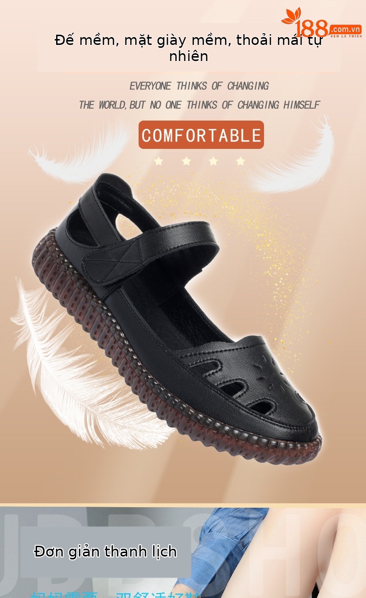 Sandal da thật nữ đế bằng mềm chống trượt, quai chữ V đơn giản, mùa hè thoáng nhẹ — Màu be chi tiết 1