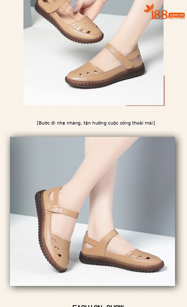 Sandal da thật nữ đế bằng mềm chống trượt, quai chữ V đơn giản, mùa hè thoáng nhẹ — Màu be chi tiết 10