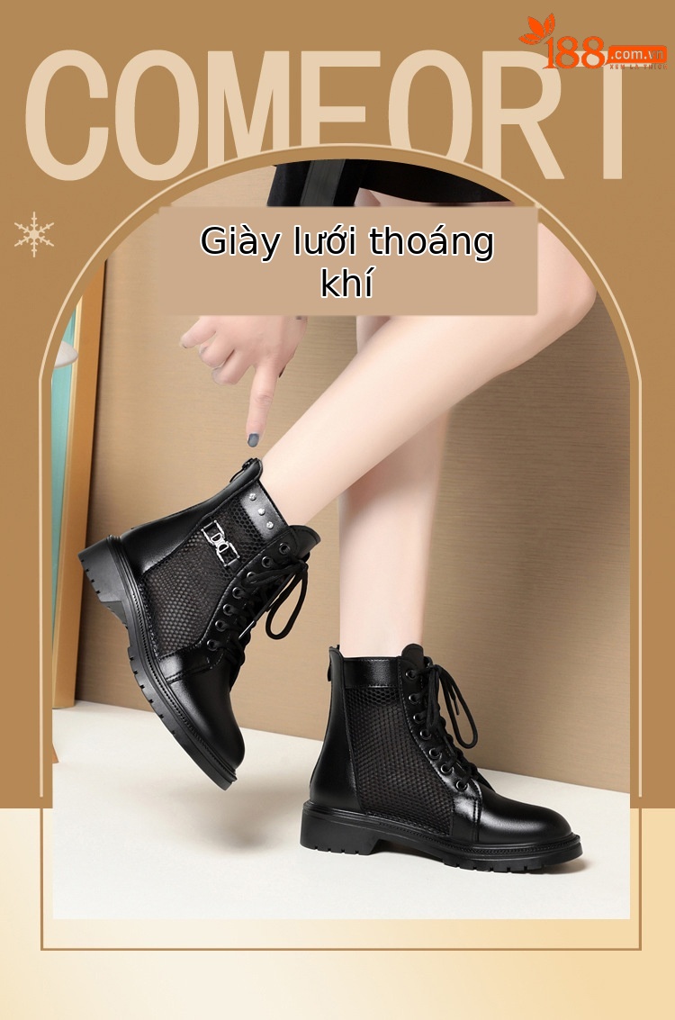 Boot Martin lưới da thật thoáng khí cổ thấp gót cao vừa — Màu đen chi tiết 1