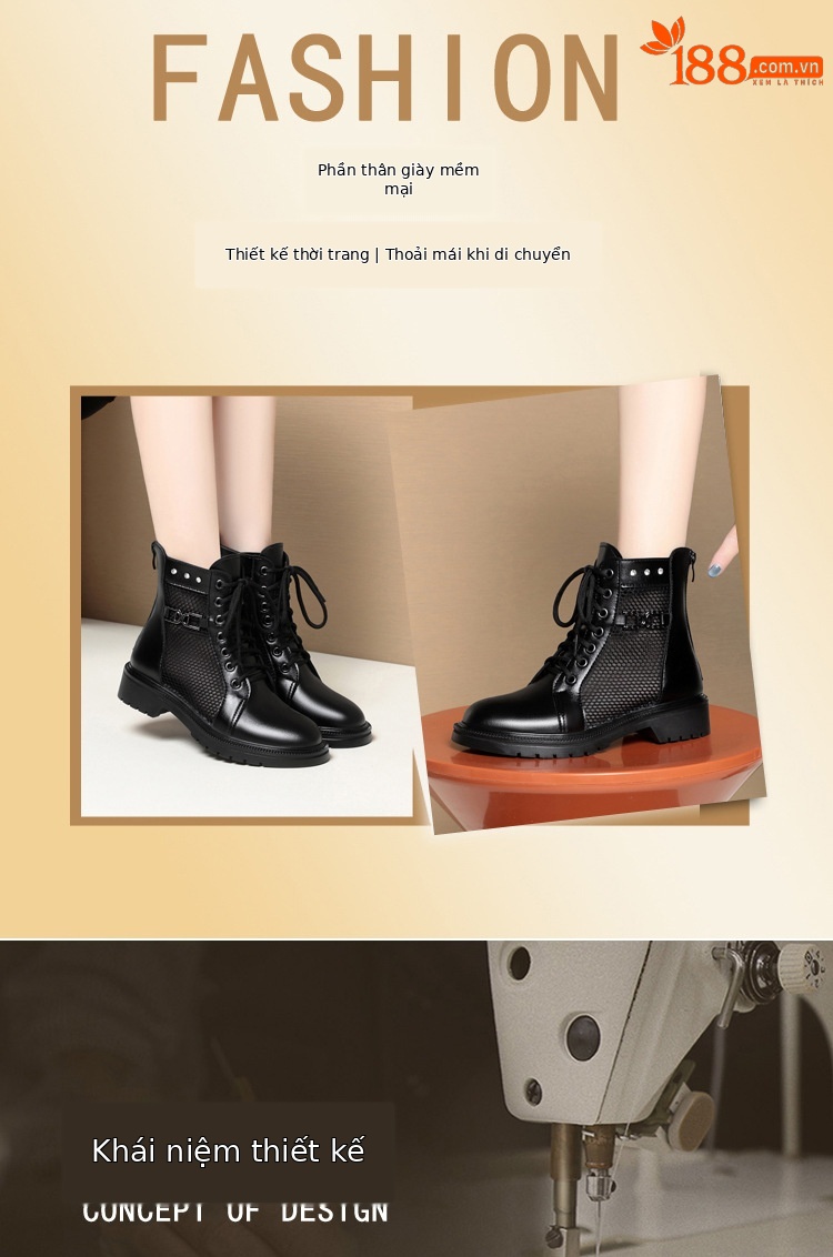 Boot Martin lưới da thật thoáng khí cổ thấp gót cao vừa — Màu đen chi tiết 2