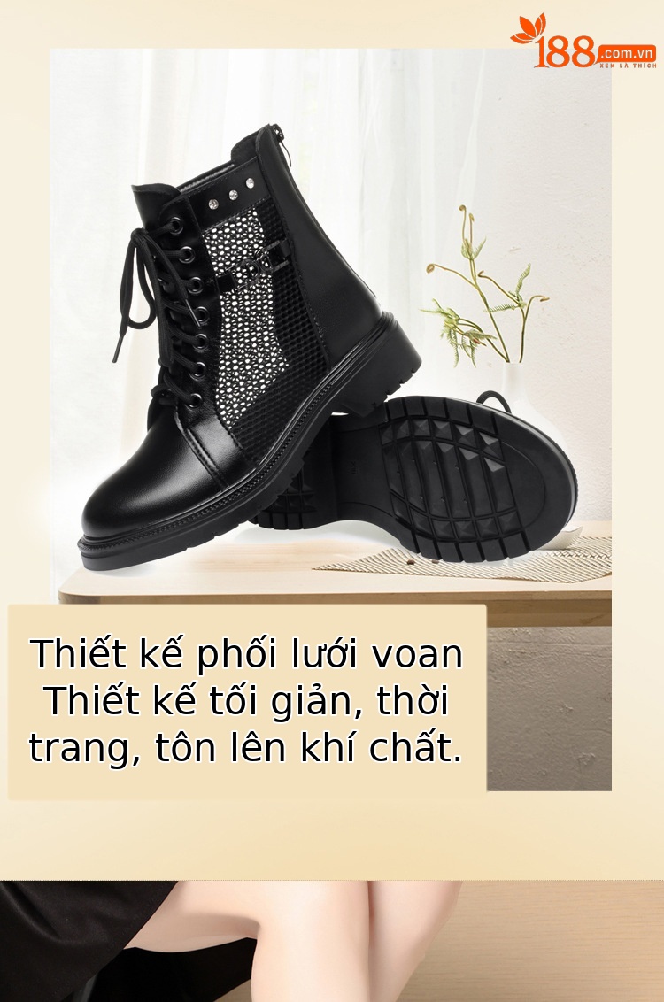 Boot Martin lưới da thật thoáng khí cổ thấp gót cao vừa — Màu đen chi tiết 4