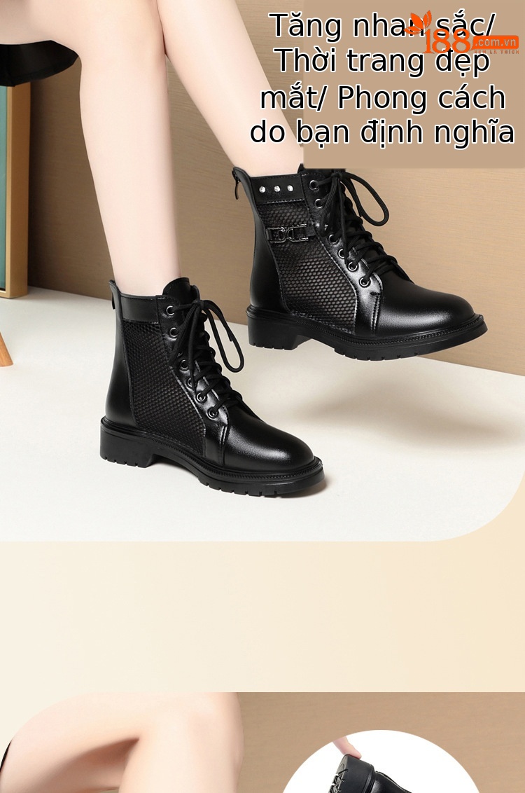 Boot Martin lưới da thật thoáng khí cổ thấp gót cao vừa — Màu đen chi tiết 6