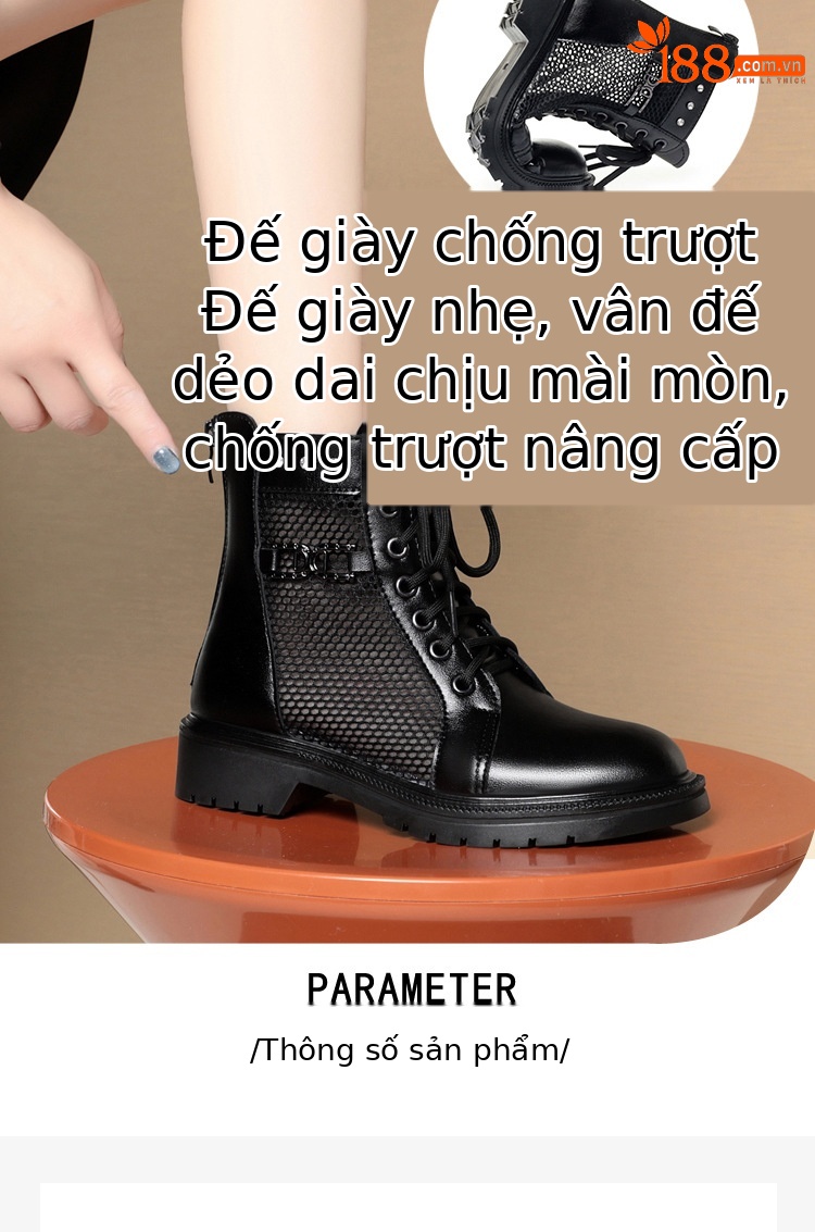 Boot Martin lưới da thật thoáng khí cổ thấp gót cao vừa — Màu đen chi tiết 7