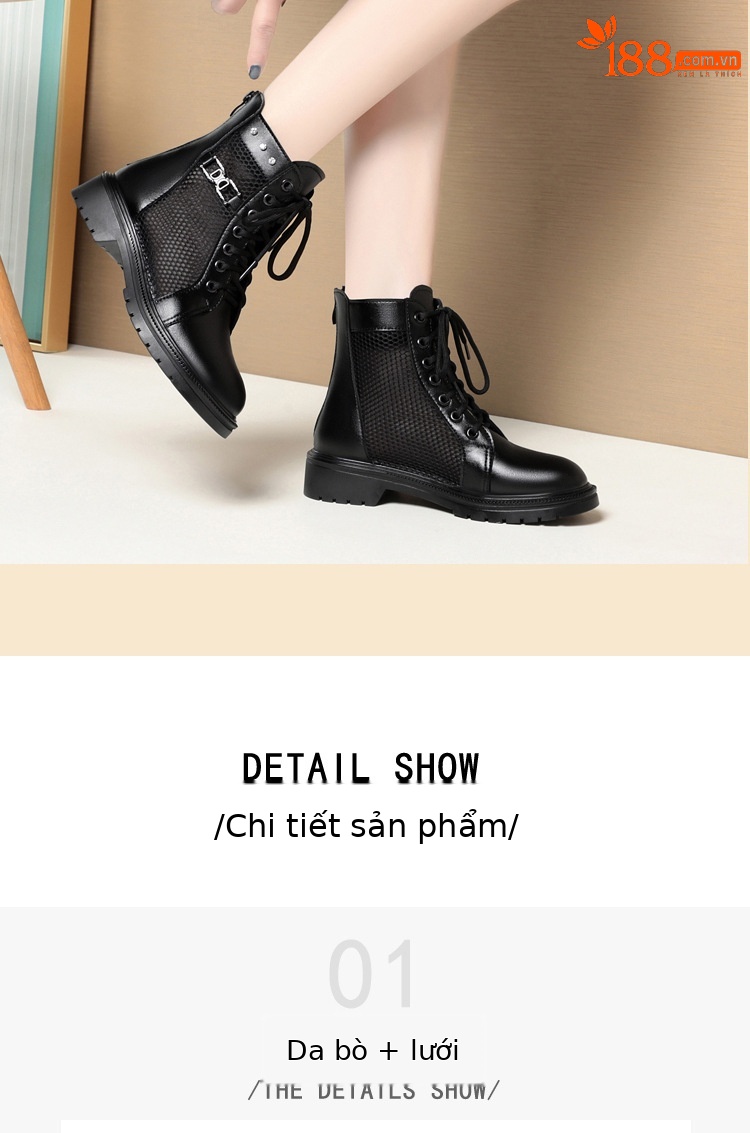 Boot Martin lưới da thật thoáng khí cổ thấp gót cao vừa — Màu đen chi tiết 11
