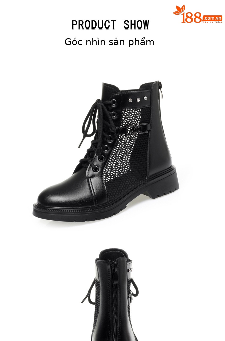 Boot Martin lưới da thật thoáng khí cổ thấp gót cao vừa — Màu đen chi tiết 15