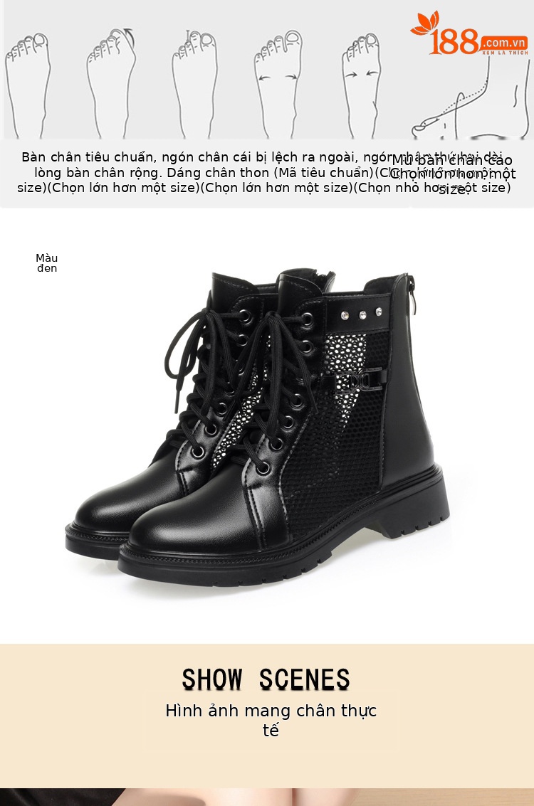 Boot Martin lưới da thật thoáng khí cổ thấp gót cao vừa — Màu đen chi tiết 8