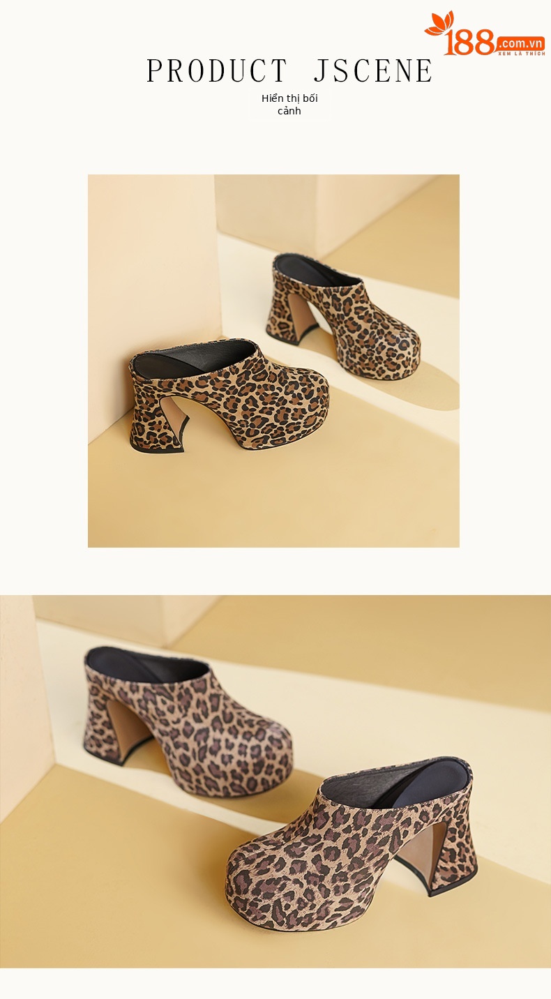 Sandal cao gót nữ họa tiết da báo, gót vuông 10cm, đế dày tăng chiều cao — Vân báo vàng, Họa tiết da báo xám chi tiết 5
