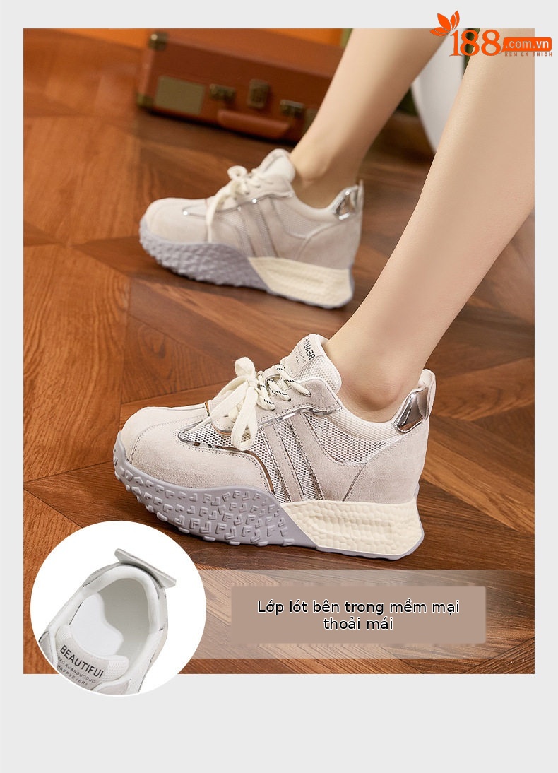 Giày sneaker nữ đế dày chunky da microfibre phong cách đơn giản, gót siêu cao 8cm — Len thuần, Vàng, Tím chi tiết 5